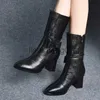 Boots Winter Autumn Leather Leather Women Women's Boots Fashion Mid-Tube Boots Leather Platform Platform Boots British Style Riding Boots X0928