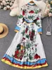 Plus size Dresses Autumn Fashion Runway Pleated Dress Women Long Sleeve Single Breasted Fruits Vegetables Flower Print Bohemian Robe Vestidos 230927