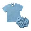 Kleidungssets für 6–24 Monate kleine Babys, Jungen und Mädchen, Kleidung aus Baumwolle und Leinen, 2-teiliges Set, Soild, Schnürpullover, T-Shirt, Shorts, Gürtel, Kinder-Outfits