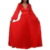 Roupas étnicas Plissadas Maxi Robe Femme Africano V-Pescoço Vestidos para Mulheres 2023 Outono Manga Longa Vestido Tradicional Nigéria Abaya Muçulmano