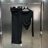 Vestidos de trabajo BORVEMAYS Otoño Manga larga Color sólido Plisado Camiseta irregular Cintura alta Faldas hasta la rodilla Conjuntos de dos piezas que combinan con todo