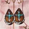 Dangle Chandelier Boucles d'oreilles Western Tournesol Cowe Turquoise Croix Imprimer Pu Cuir Larme Pour Femmes Vintage Grand Bijoux Drop Deliv Dh8Ij