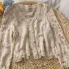 Women's Knits Women Crochet Short/Long Sleeve Cardigan Sweaters Hollow Knitted Floral Buttons V-Neck Sweater Coat Scalloped Loose Crop