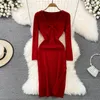 Casual Dresses Autumn And Winter Sexy V-neck Knotted Knit Slim Mid-length Hip Dress