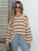 Women's Sweaters Benuynffy Drop Shoulder Button Detail Knitted For Women 2023 Spring Fall Striped Casual Loose O-Neck Pullover Jumper