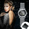 Relojes de pulsera Reloj esqueleto de oro rosa de moda para mujer Manos luminosas Malla de lujo Correa de acero inoxidable Relojes mecánicos con clase para mujer