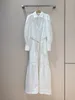 Designer Dress White Linen Lantern Sleeve uitgehold borduurwerk lange jurk