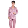 Mäns sömnkläder Silk Satin Men Pyjamas Set Solid Color Long Sleeve Suit Casual Two-Piece Pyjama Homewear Sleep Lounge Pants