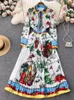 Plus size Dresses Autumn Fashion Runway Pleated Dress Women Long Sleeve Single Breasted Fruits Vegetables Flower Print Bohemian Robe Vestidos 230927