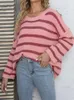 Women's Sweaters Benuynffy Drop Shoulder Button Detail Knitted For Women 2023 Spring Fall Striped Casual Loose O-Neck Pullover Jumper