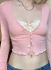 Women's T-Shirt IAMTY Coquette Aesthetic Lace Patchwork Top Pink Long Sleeve Cotton Tee Women Bow Kawaii T-shirt Button-up Casual Sweet Shirt 230927