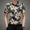 Mäns casual skjortor 2023 sommar mode blomma män merceriserad bomull kort ärm klänning skjorta