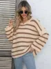 Women's Sweaters Benuynffy Drop Shoulder Button Detail Knitted For Women 2023 Spring Fall Striped Casual Loose O-Neck Pullover Jumper