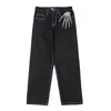 Mens Hoodies Sweatshirts Retro Skull Handbenbroderi tvättade jeans byxor vibe stil rak casual överdimensionerad denin byxor streetwear 230927
