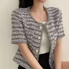 Women's Wool Blends Korean Chic O-neck Double Pockets Coat Women Summer Pearl Button Double Breasted Jackets Loose Short Sleeve Tweed Jacket 230927