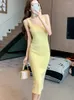 Casual Dresses Runway French Knit Sleeveless Slim Tank Summer Elegant Patry Yellow Ruffle Mid Length Dress Femmes Vestido