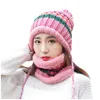 Hattar halsdukar handskar sätter kvinnors vinterhatt färgblock varm plus förtjockad halsduk och tvådelar stickad vindtät mössa för kvinnor flickor beanie
