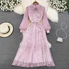 Casual Dresses Spring Summer Elegant Flower Embroidery Dress Women Lapel Long Lantern Sleeve Lace Patchwork Silk Georgette Belt Maxi