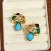 Stud Earrings AENSOA Vintage Colorful Resin Blue Stone Mushroom Shaped For Women Gold Color Metal Rhinestone Jewelry