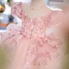 Robes de fleurs en cristal pour mariage rose en dentelle perlée appliquée pour tout-petit fille concours de robe de bal robe de bal de balle formelle de fête formelle robes de bal 403