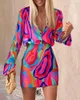 Vestido de duas peças moda feminina verão pice turn-down colarinho impressão abstrata manga longa botão para baixo camisa casual mini saia conjunto