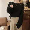 Suéteres femininos 2023 primavera e outono uma linha pescoço alargamento manga oca malhas pulôver casual camisola fina
