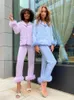 Kadınlar İki Parçası Tüy Kürk V Boyun Tek Göğüslü Tam Kollu Bluz Üstler ve Salon Takım Kadınlar Katı Katı Pijama Setleri