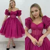 Elegante roze roze galajurken A-lijn off-shoulder glitteravondjurk theelengte rugloze formele lange feestjurk voor speciale gelegenheden