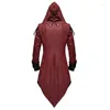 Men's Trench Coats 2023 Medieval Gothic Vintage Leather Patchwork Coat Hooded Cloak Mens Halloween Cosplay Long Jacket Tail