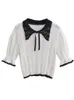 Kvinnors blusar 2023 Summer Doll Collar Tie Bow Short-Sleeved ihålig stickad tröja Slim Short Top