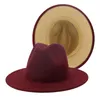 2020 yttre Bourgogne Inner Tan Patchwork Wool Felt Jazz Fedora Hats Kvinnor Män stora Brim Panama Cap Casual Unisex Gambler Hat3115