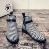 Botas homens tornozelo houndstooth vestido sapatos negócios couro fivela cinta plana apontou toe masculino casual nightclub festa 230928