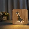 Luci notturne Luce in legno Leoni marini Giocano a palla Spettacolo Lampada da camera da letto modellante Regali per il sonno del bambino Alimentato tramite USB Decorazioni per l'atmosfera a LED