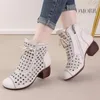 Boots 2023 Spring And Summer Hollow Out Roman Women's Shoes Vintage Style Leather Thick Heel Mom's Cool Short Boot