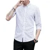 Camisas casuais masculinas elegante camisa de negócios single-breasted workwear fino costurado homens simples listrado verão