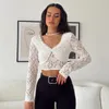 Mulheres camisetas Lace Top Mulheres V Neck Manga Longa Camisa Skinny Moda Vintage Y2K Verão Sólido Sexy Backless Crop Tops Tees Roupas