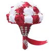 Decorative Flowers High Quality 24cm Handmade Silk Rose Flower Bouquet With Five-petal Brooch And Pearl Chains 24 28cm