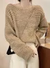 Kadın Sweaters 2023 İlkbahar ve Sonbahar Bir Çizgi Boyun Parlaması Kollu İçi Boş Örgü Külot Sıkış Slim Sweater