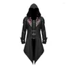 Men's Trench Coats 2023 Medieval Gothic Vintage Leather Patchwork Coat Hooded Cloak Mens Halloween Cosplay Long Jacket Tail
