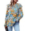 Women's Blouses Floral Print For Womens Crewneck Smocked Puff Long Sleeve Tshirts Casual Babydoll Tops Tunics