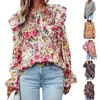 Women's Blouses Floral Print For Womens Crewneck Smocked Puff Long Sleeve Tshirts Casual Babydoll Tops Tunics