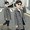 코트 겨울 모직 재킷 남자 소년을위한 한국 소년 버전 두껍게 코트 싱글 브레스트 후드 캐주얼 어린이 의류 230928