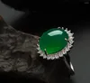 Cluster Rings Silver S925 Natural Jade Green Chalcedony Gemstone Jewelry Oval Women 925 Emerald Bizuteria Box