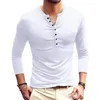 Camisetas para hombres V-top manga larga elegante con botones finos otoño casual ropa de color sólido 2023