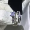 Anéis de cluster Valioso Princesa Cut Stone 5A Zircon 10KT Branco Ouro Cheio Anel de Casamento Conjunto Sz 5-11