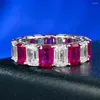 Bagues de cluster Vinregem Emerald Cut 4 6 mm Ruby Gemstone Vintage 925 Bague en argent sterling pour femmes Cadeaux d'anniversaire Bijoux Bande de mariage