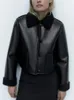 Damen Leder Faux ONKOGENE Frauen Schwarz Pelz Kragen Warme Jacke Mantel Vintage Langarm 2023 Herbst Winter Weibliche Revers Oberbekleidung 230928