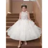Pembe Beyaz Çiçek Kızlar Düğün Tutu Prenses Kids Balypeat By Bebek Pageant Parti Giysileri Toddler Doğum Günü Önlük Boncuk İlk Cemaat Elbise 403