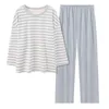 Calças femininas de duas peças senhoras listra topos definir cor pura imitação de algodão pijamas casual solto calças de manga comprida terno