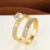 Bröllopsringar sätter tjej Luxury Crystal Double Charm Gold Color Engagement Ring Shining White Round Zircon Set for Women